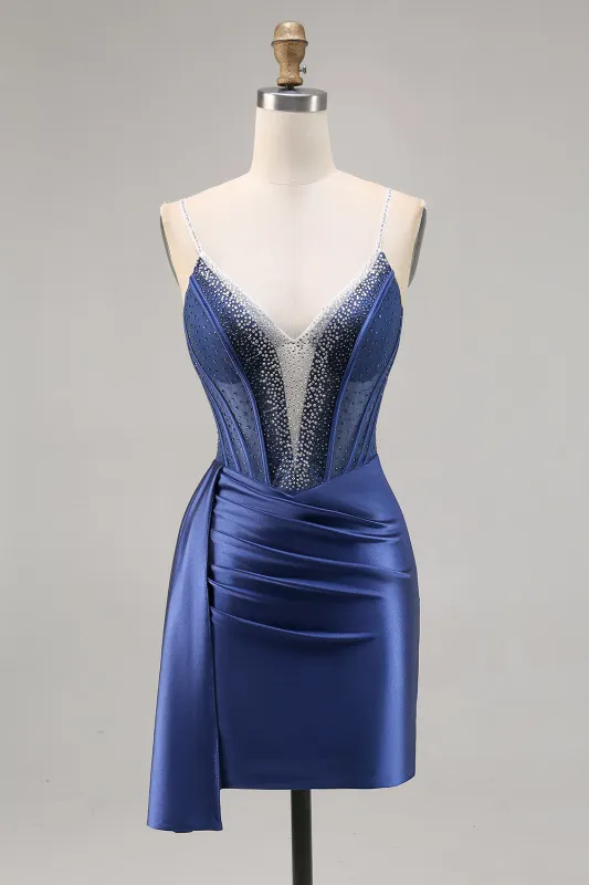 Sparkly Navy Corset Satin Tight Beaded Homecoming Dress with Streamer made by Wedtrend