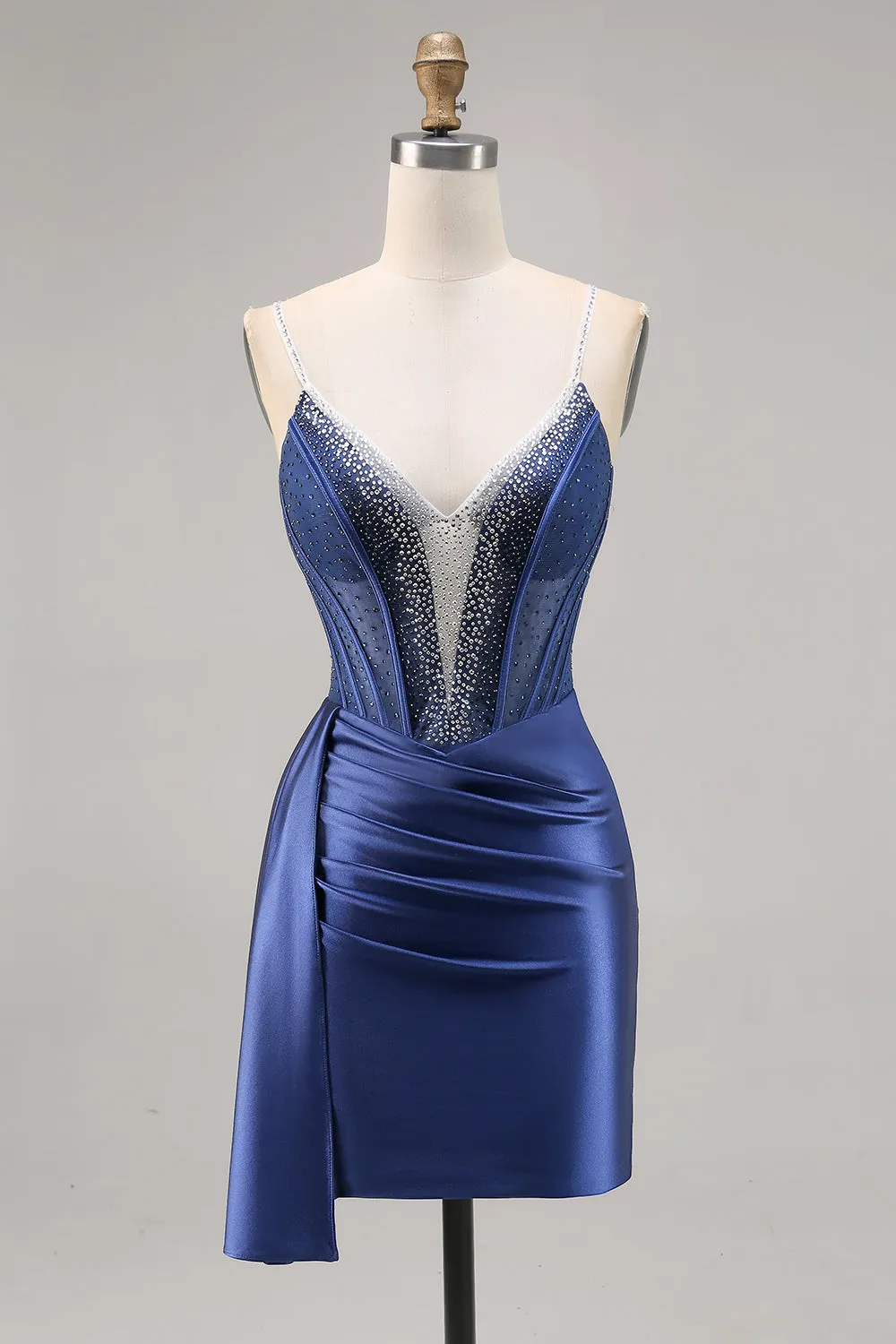 Sparkly Navy Corset Satin Tight Beaded Homecoming Dress with Streamer sold by Wedtrend