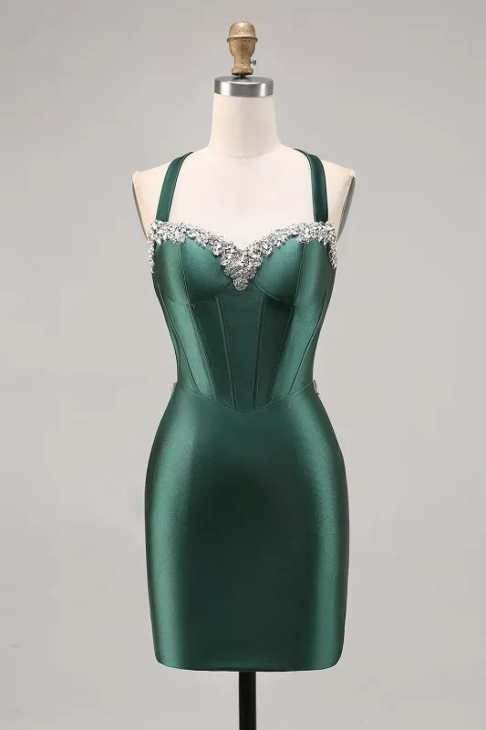 Dark Green Halter Corset Backless Bodycon Satin Homecoming Dress made by Wedtrend