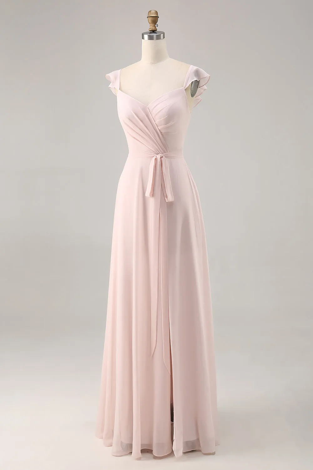 Candy Pink Chiffon Ruched A Line Long Bridesmaid Dress with Slit sold by Wedtrend product image thumbnail 3