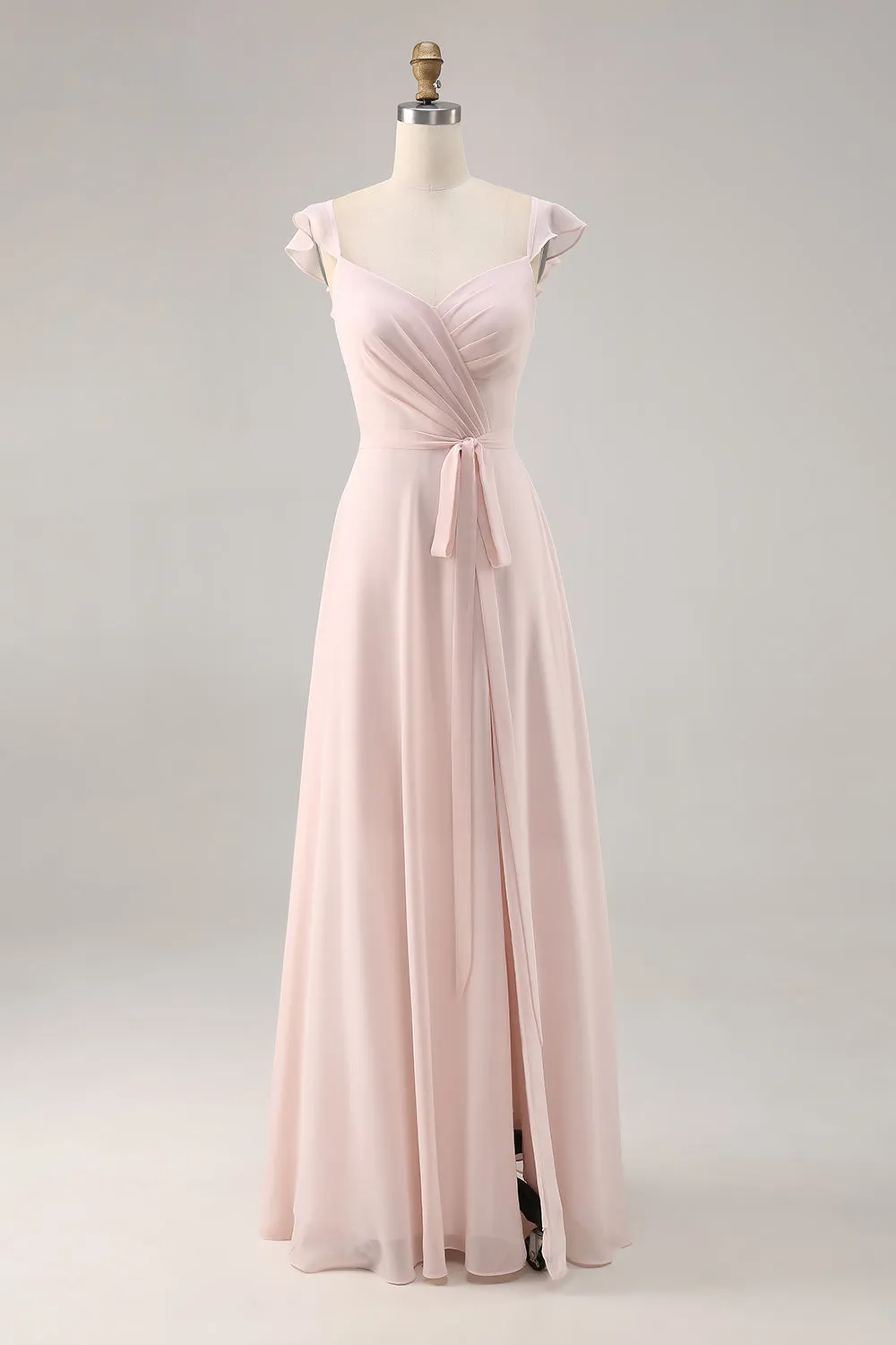 Candy Pink Chiffon Ruched A Line Long Bridesmaid Dress with Slit sold by Wedtrend