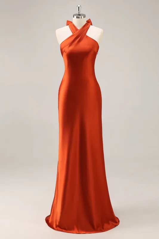 Rust Sheath Halter Satin Long Bridesmaid Dress with Lace Up Back made by Wedtrend
