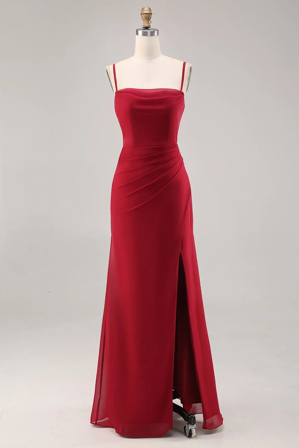 Dark Red Sheath Spaghetti Straps Ruched Bridesmaid Dress with Slit sold by Wedtrend