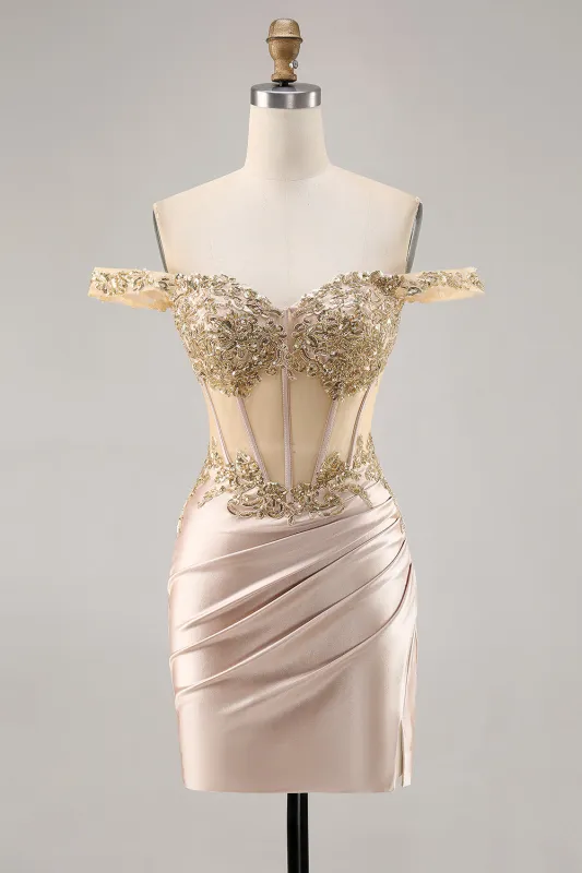 Champagne Bodycon Off The Shoulder Corset Satin Homecoming Dress with Sequins made by Wedtrend