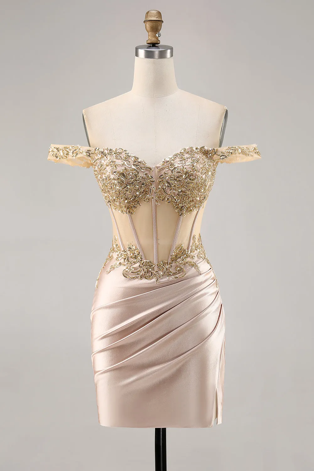 Champagne Bodycon Off The Shoulder Corset Satin Homecoming Dress with Sequins sold by Wedtrend