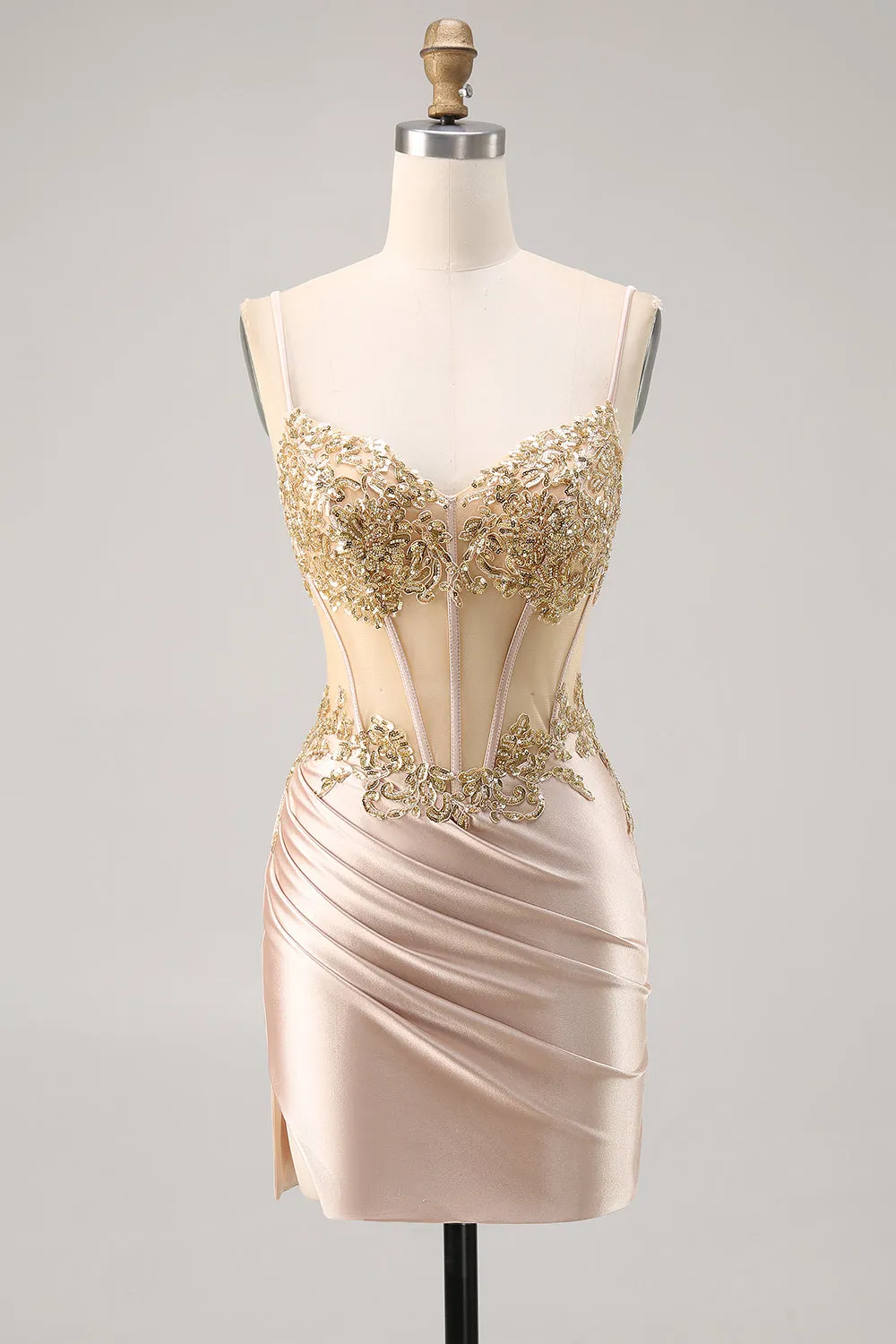 Champagne Corset Satin Bodycon Sequins Homecoming Dress with Beading sold by Wedtrend