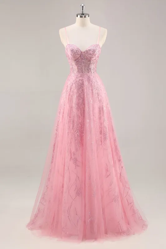 Sparkly Pink A-Line Spaghetti Straps Sequins Long Prom Dress made by Wedtrend