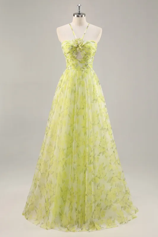 Yellow Green A-Line Cut Out Floral Long Prom Dress made by Wedtrend