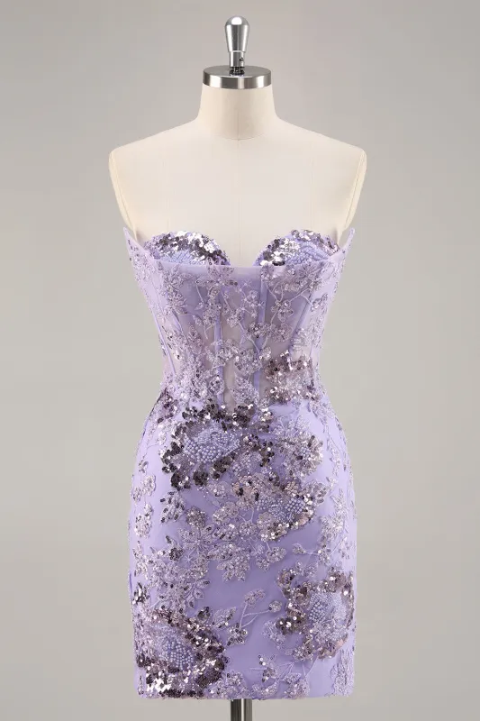 Purple Strapless Bodycon Corset Satin Short Homecoming Dress with Sequins sold by Wedtrend