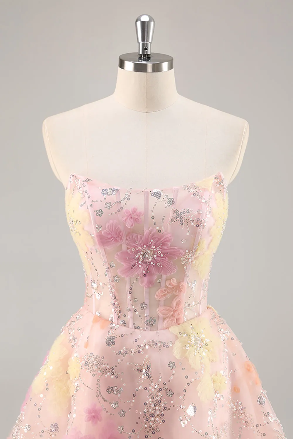 A-Line Strapless Sequins Corset Short Pink Floral Homecoming Dress sold by Wedtrend product image thumbnail 5