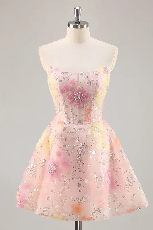 A-Line Strapless Sequins Corset Short Pink Floral Homecoming Dress sold by Wedtrend