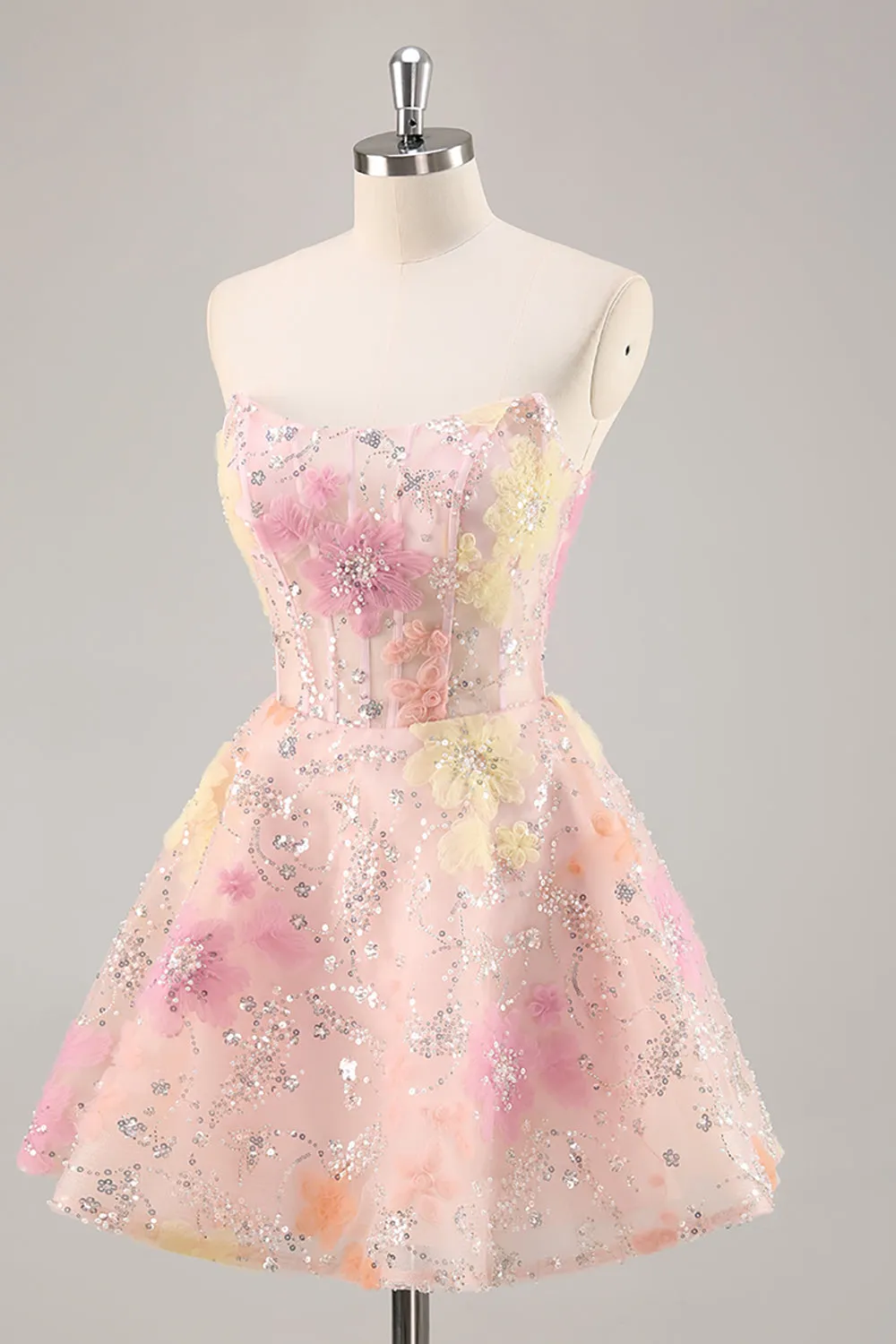 A-Line Strapless Sequins Corset Short Pink Floral Homecoming Dress sold by Wedtrend product image thumbnail 4