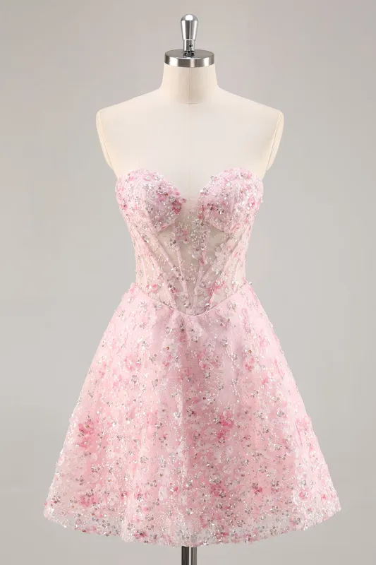 Pink A-Line Strapless Sequins Corset Short Floral Homecoming Dress sold by Wedtrend