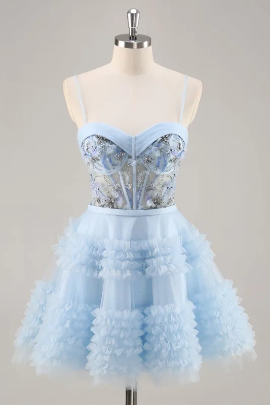 A-Line Sequins Tulle Corset Pleated Short Blue Homecoming Dress with Ruffles made by Wedtrend