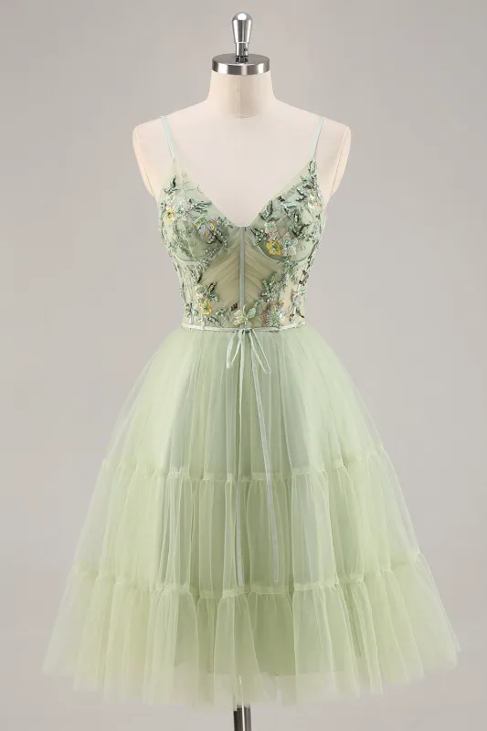 Green A-Line Floral Embroidered Short Homecoming Dress with Beading made by Wedtrend