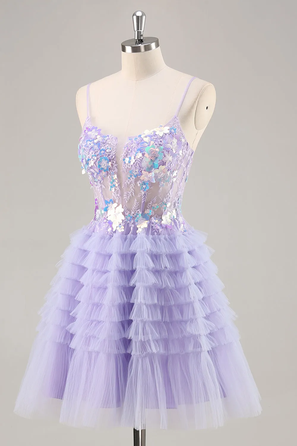 Purple A-Line Sequins Tulle Corset Short Homecoming Dress with Ruffles sold by Wedtrend product image thumbnail 3