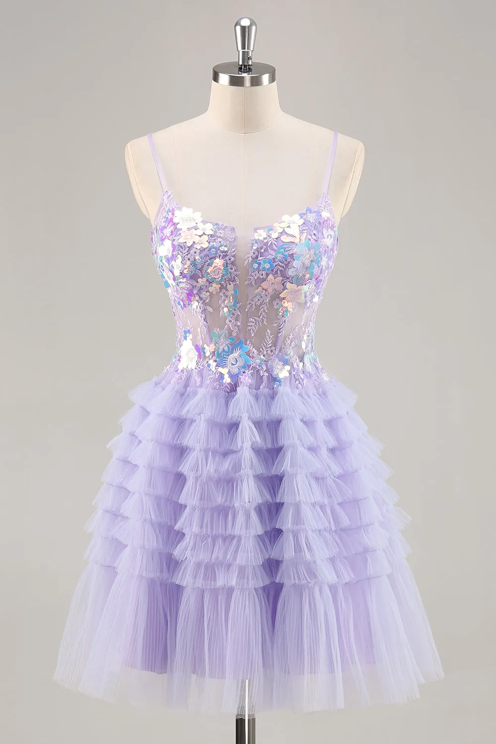 Purple A-Line Sequins Tulle Corset Short Homecoming Dress with Ruffles sold by Wedtrend