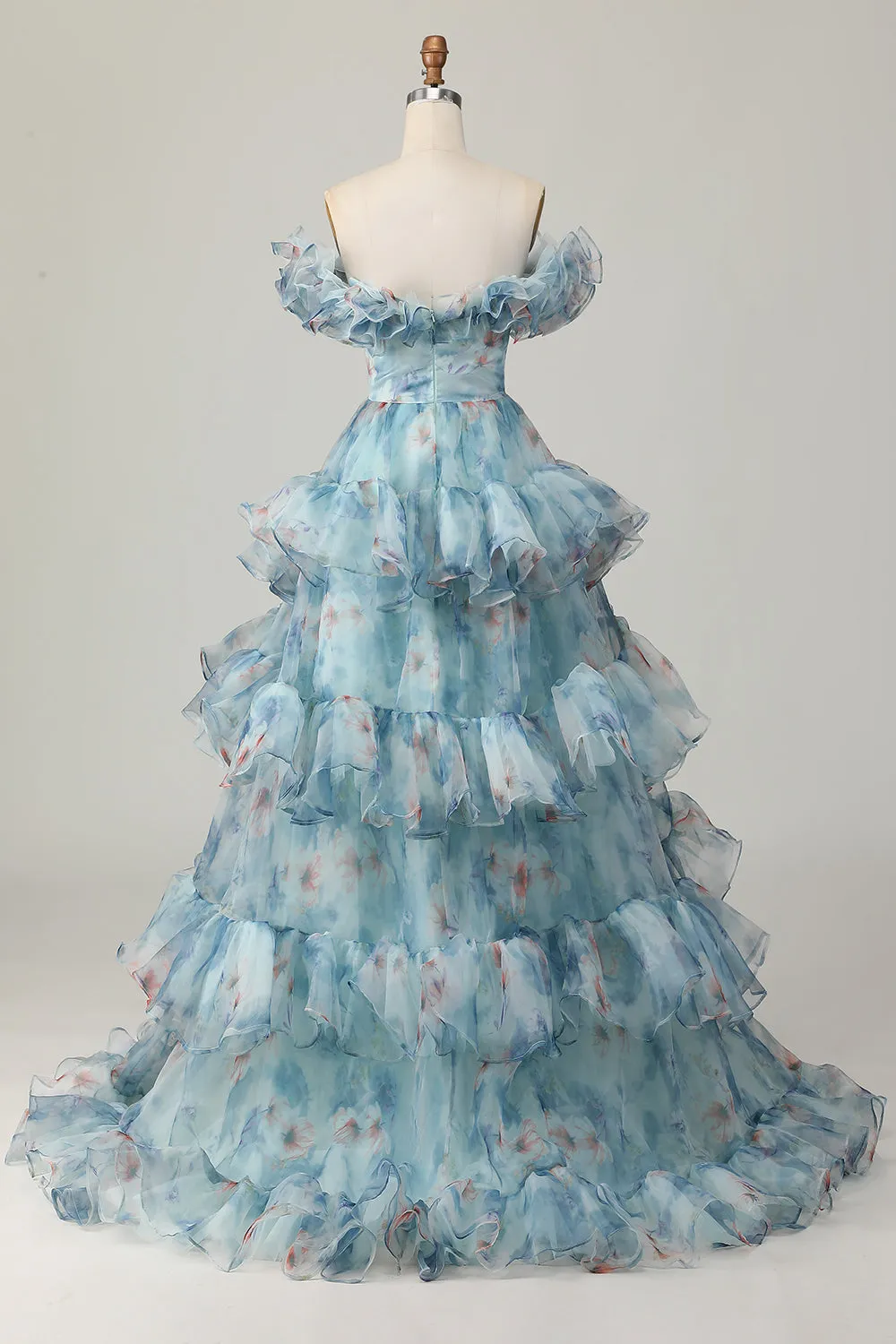Blue A-Line Off The Shoulder Floral Tiered Long Prom Dress sold by Wedtrend product image thumbnail 2