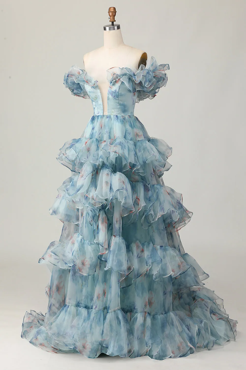 Blue A-Line Off The Shoulder Floral Tiered Long Prom Dress sold by Wedtrend product image thumbnail 3