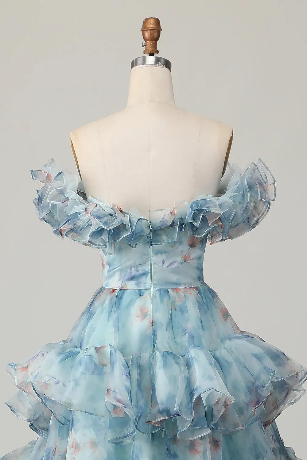 Blue A-Line Off The Shoulder Floral Tiered Long Prom Dress sold by Wedtrend product image thumbnail 5