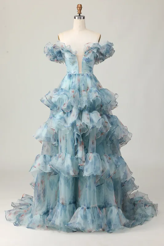 Blue A-Line Off The Shoulder Floral Tiered Long Prom Dress made by Wedtrend