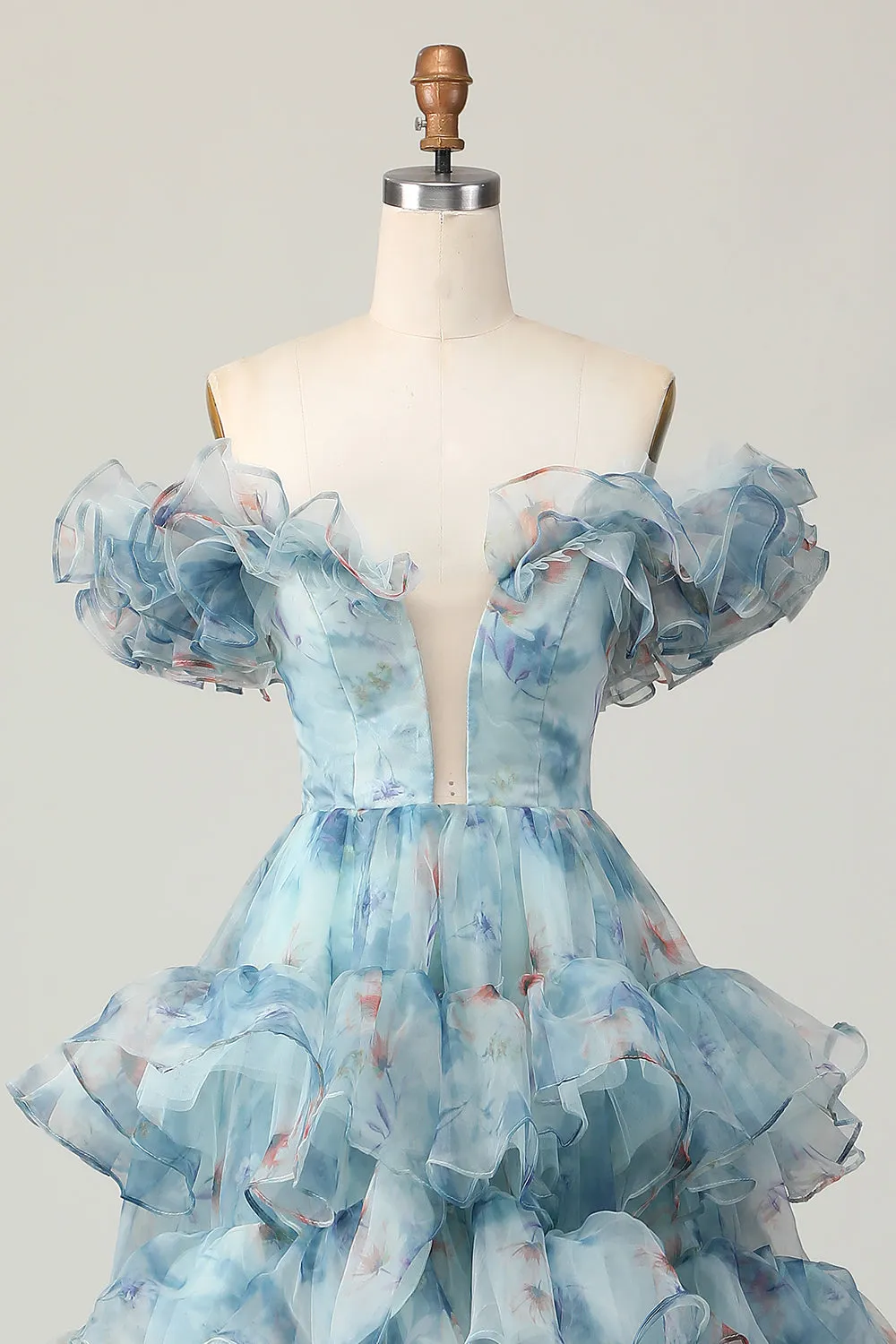 Blue A-Line Off The Shoulder Floral Tiered Long Prom Dress sold by Wedtrend product image thumbnail 4
