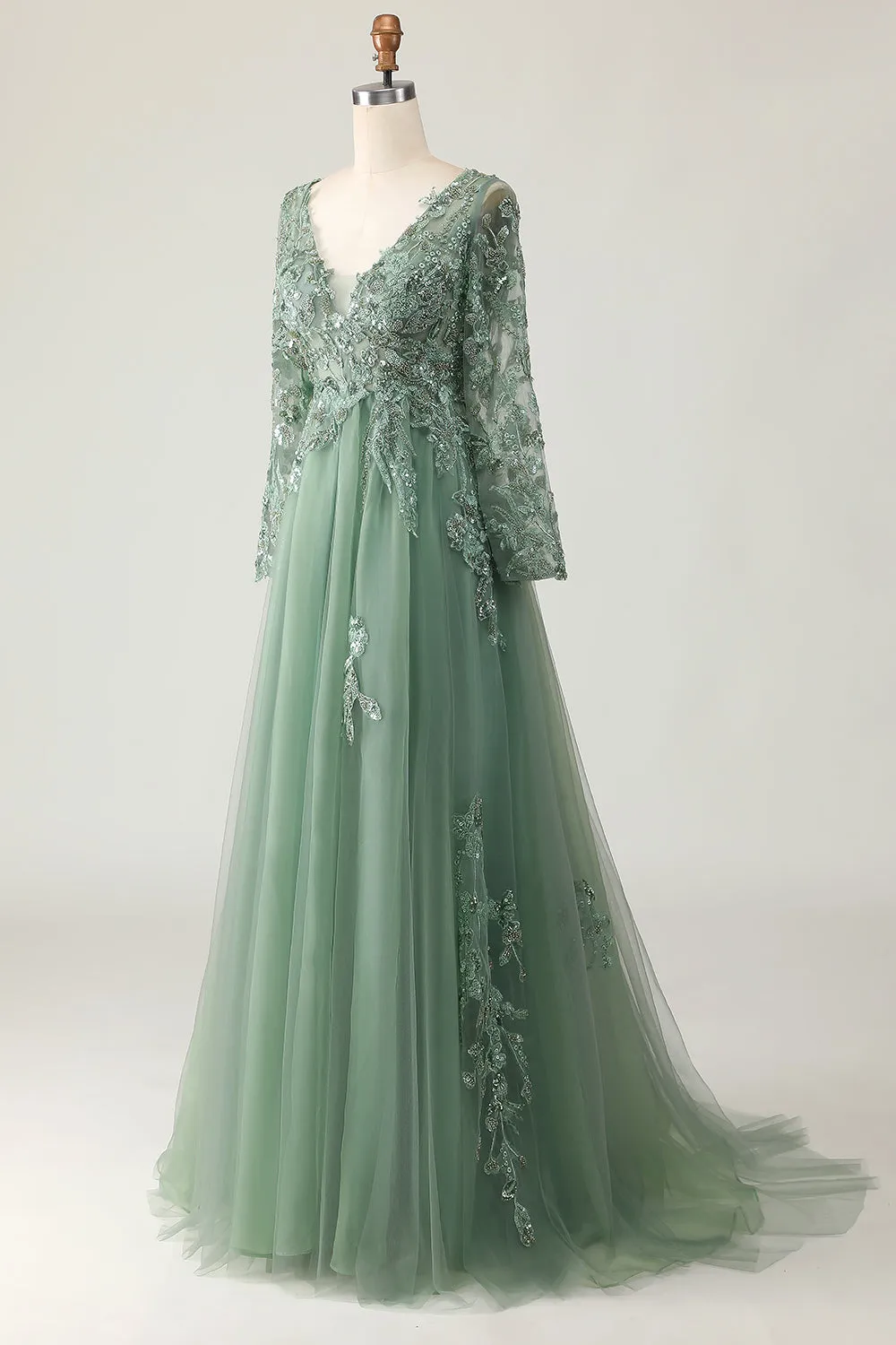 Sparkly Sage A-Line V-Neck Appliqued Long Prom Dress with Long Sleeves sold by Wedtrend product image thumbnail 3