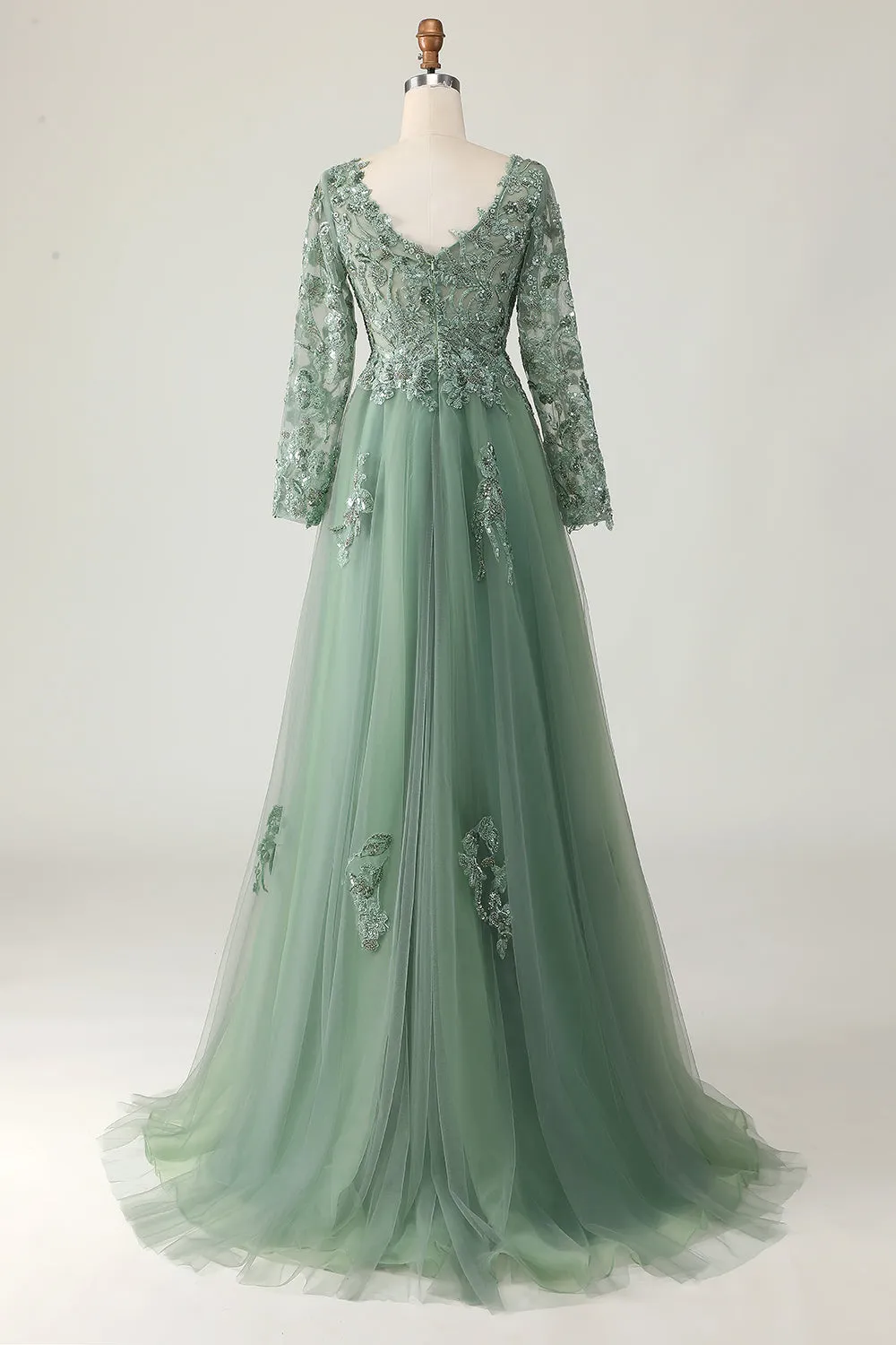 Sparkly Sage A-Line V-Neck Appliqued Long Prom Dress with Long Sleeves sold by Wedtrend product image thumbnail 2