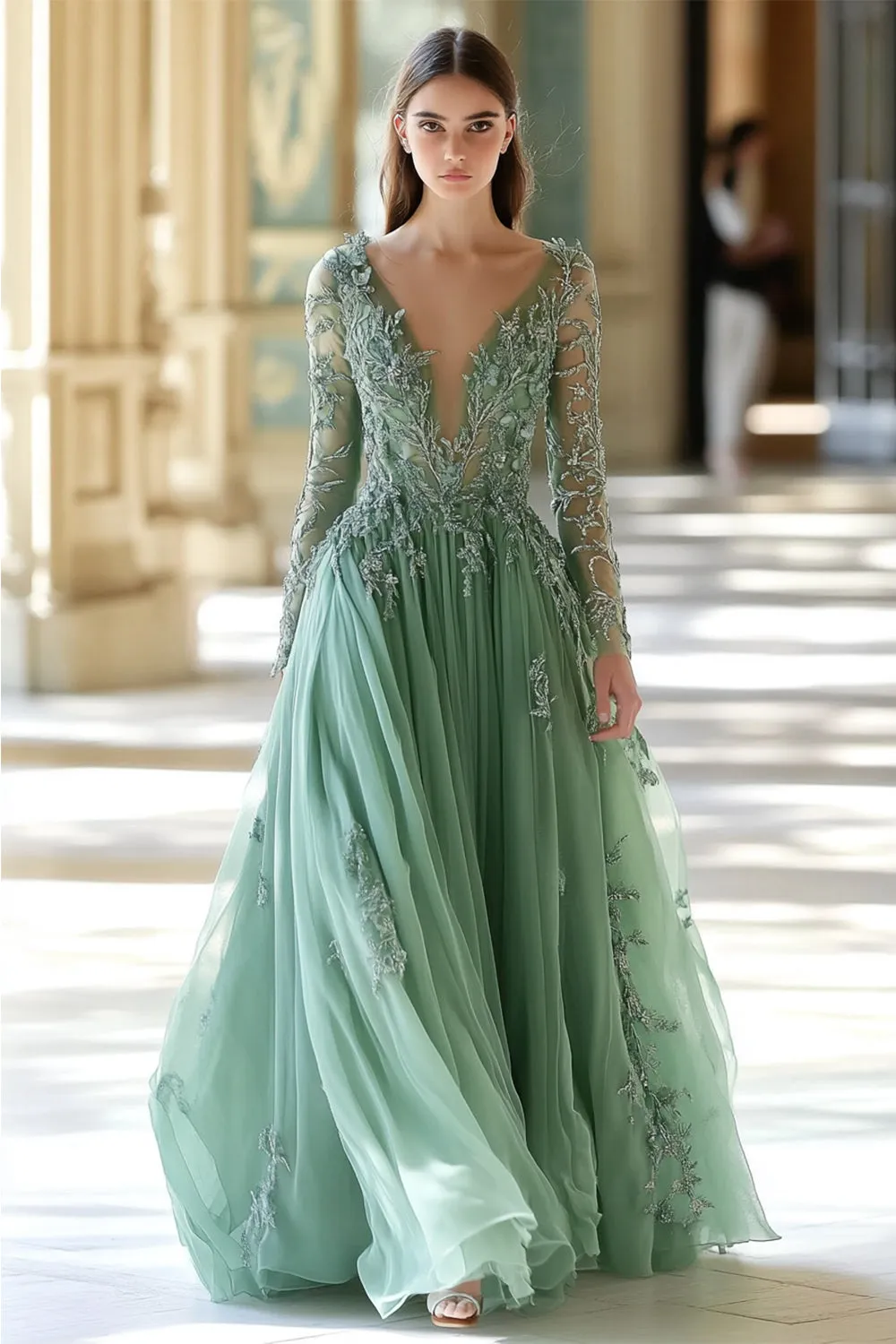Sparkly Sage A-Line V-Neck Appliqued Long Prom Dress with Long Sleeves sold by Wedtrend product image thumbnail 4