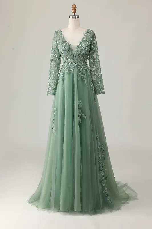 Sparkly Sage A-Line V-Neck Appliqued Long Prom Dress with Long Sleeves made by Wedtrend