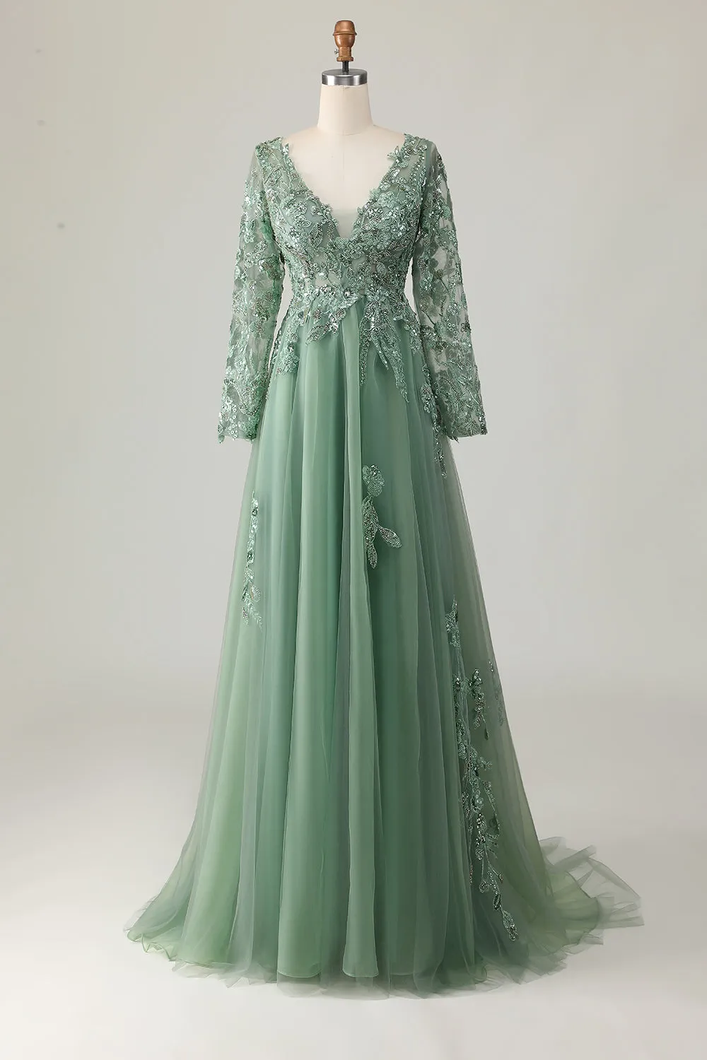 Sparkly Sage A-Line V-Neck Appliqued Long Prom Dress with Long Sleeves sold by Wedtrend