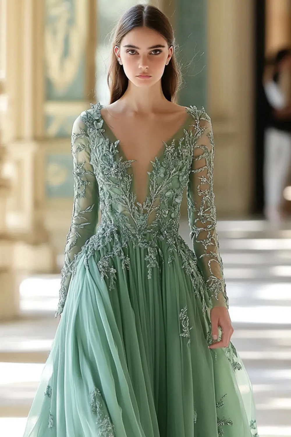 Sparkly Sage A-Line V-Neck Appliqued Long Prom Dress with Long Sleeves sold by Wedtrend product image thumbnail 5