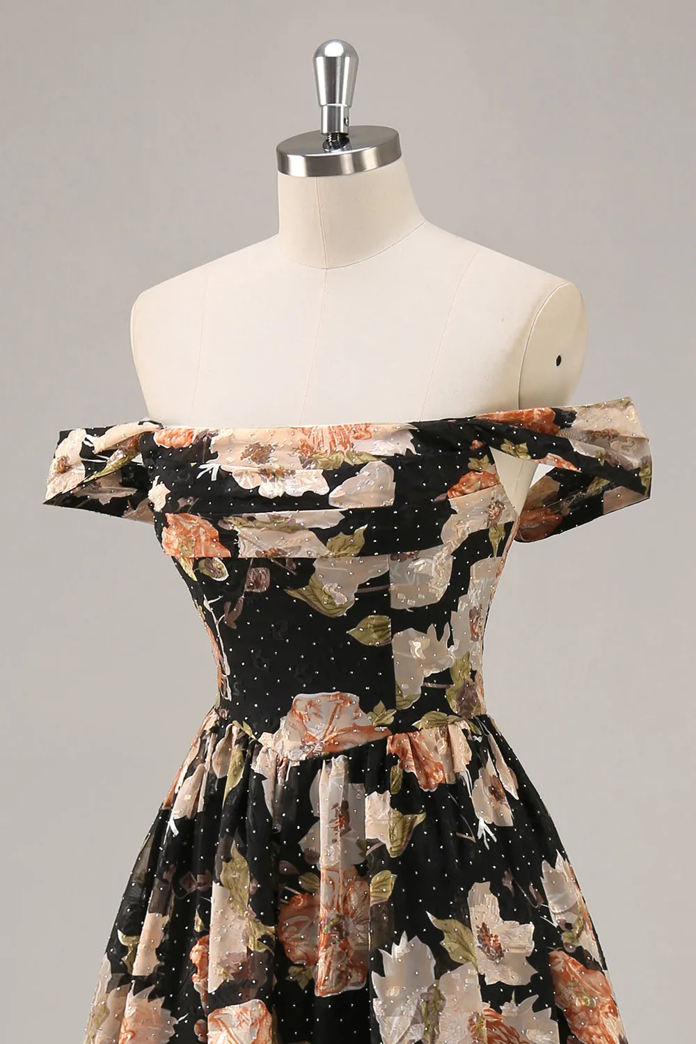 Black Flower A-Line Off The Shoulder Corset Ruched Long Prom Dress with Beading sold by Wedtrend product image thumbnail 5