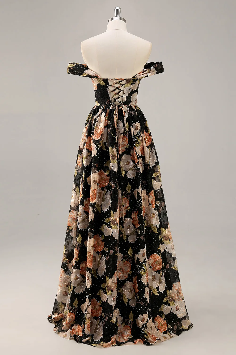 Black Flower A-Line Off The Shoulder Corset Ruched Long Prom Dress with Beading sold by Wedtrend product image thumbnail 2