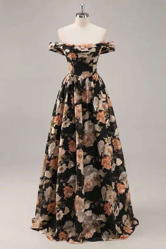 Black Flower A-Line Off The Shoulder Corset Ruched Long Prom Dress with Beading made by Wedtrend
