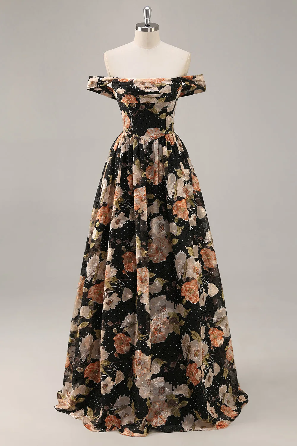 Black Flower A-Line Off The Shoulder Corset Ruched Long Prom Dress with Beading sold by Wedtrend