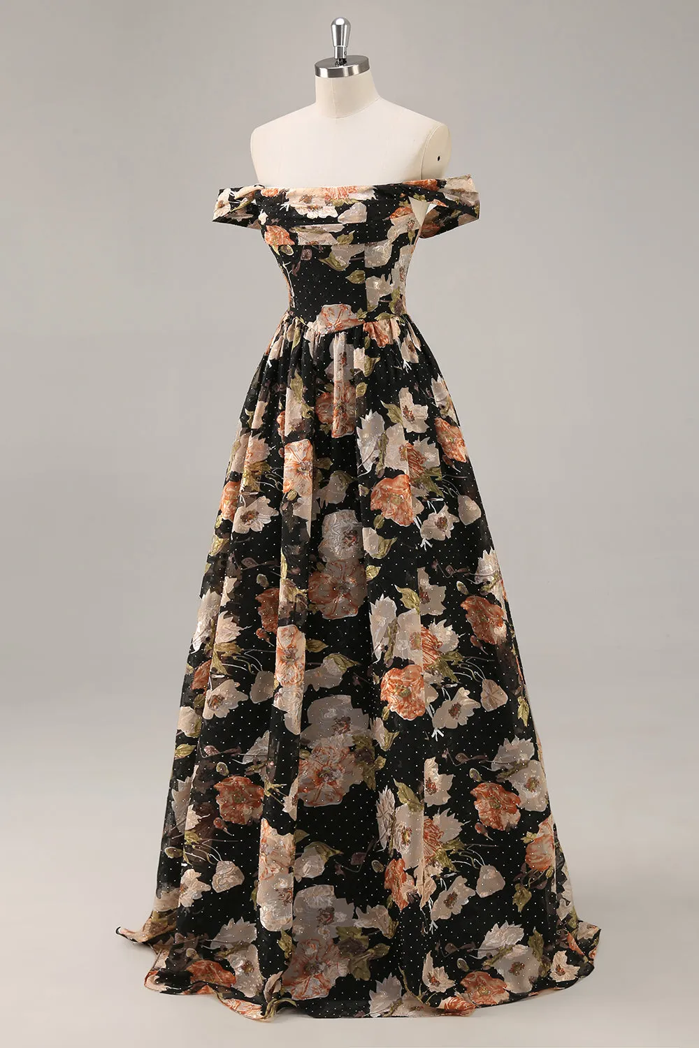 Black Flower A-Line Off The Shoulder Corset Ruched Long Prom Dress with Beading sold by Wedtrend product image thumbnail 3