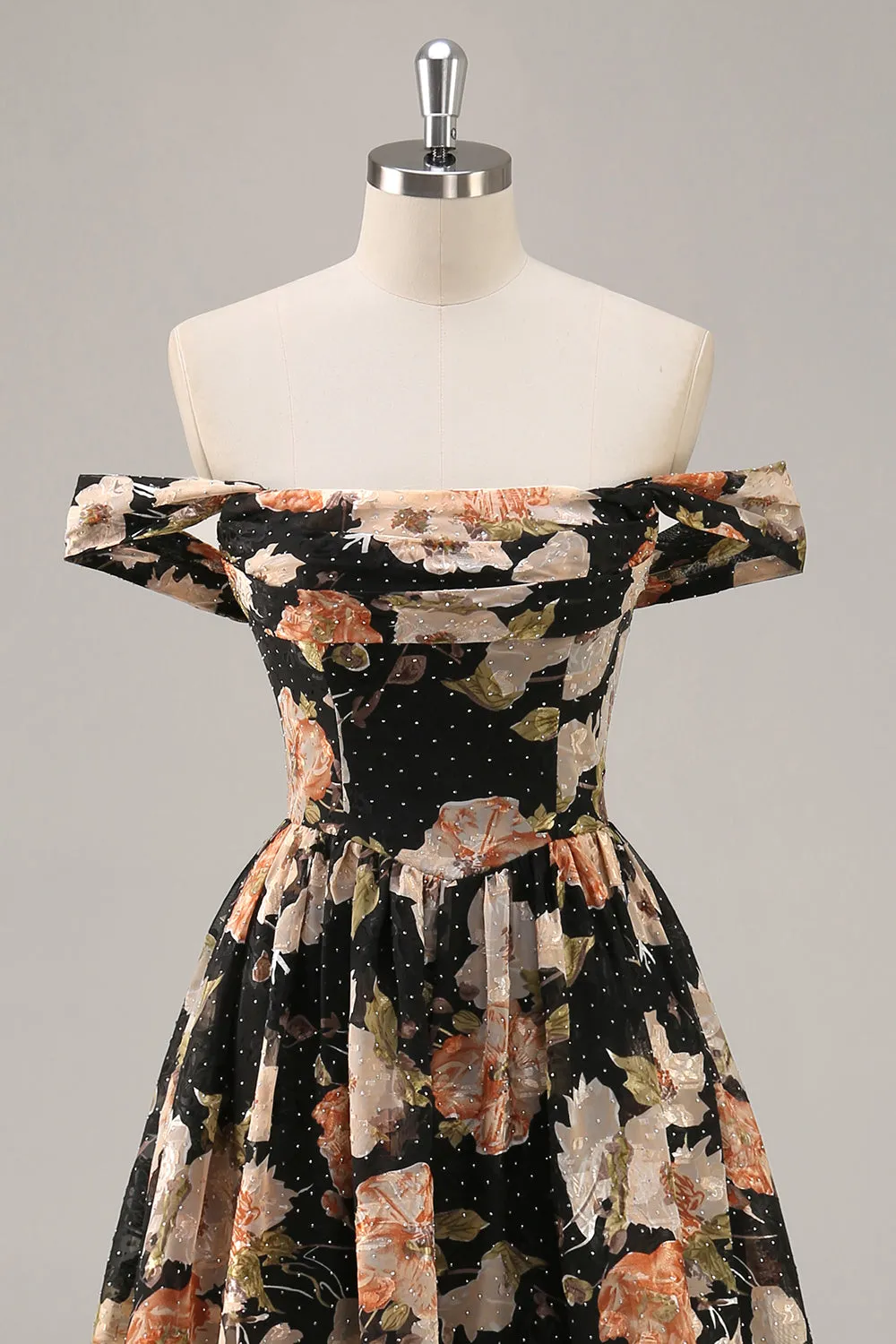 Black Flower A-Line Off The Shoulder Corset Ruched Long Prom Dress with Beading sold by Wedtrend product image thumbnail 4