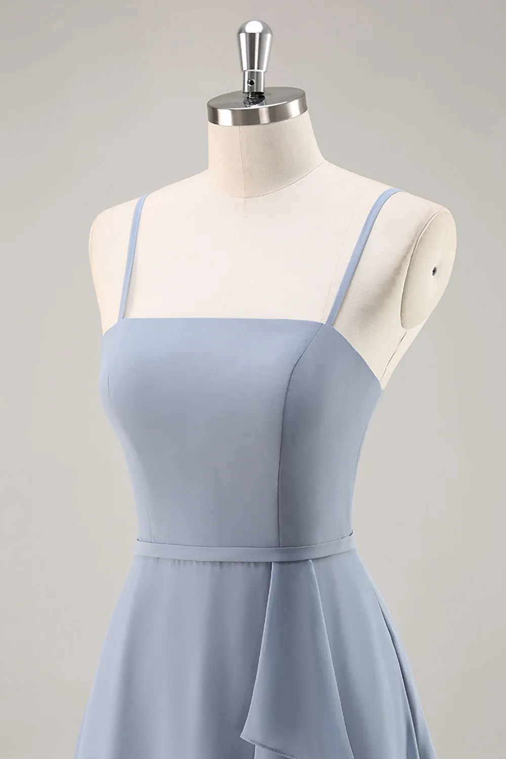Dusty Blue A-Line Spaghetti Straps Chiffon Long Bridesmaid Dress with Ruffle Slit sold by Wedtrend product image thumbnail 5