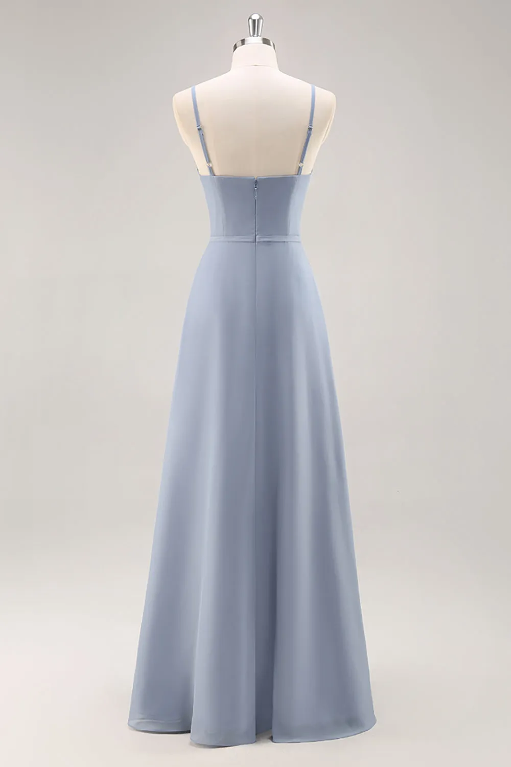 Dusty Blue A-Line Spaghetti Straps Chiffon Long Bridesmaid Dress with Ruffle Slit sold by Wedtrend product image thumbnail 2