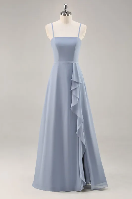 Dusty Blue A-Line Spaghetti Straps Chiffon Long Bridesmaid Dress with Ruffle Slit sold by Wedtrend