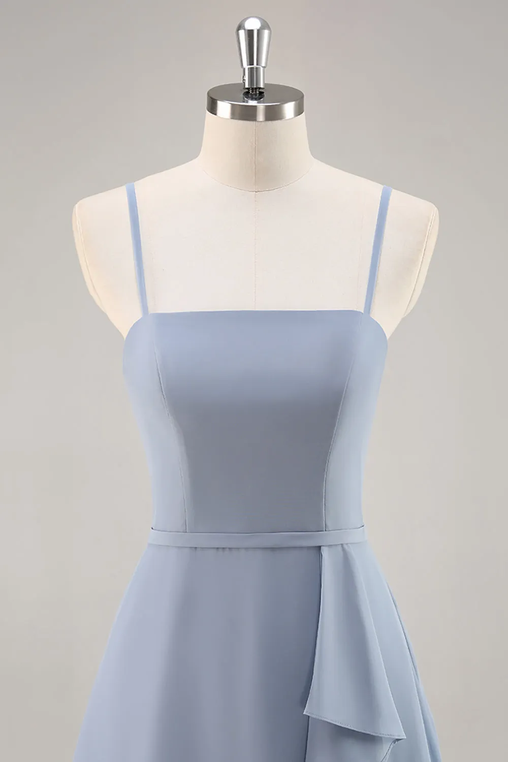 Dusty Blue A-Line Spaghetti Straps Chiffon Long Bridesmaid Dress with Ruffle Slit sold by Wedtrend product image thumbnail 4