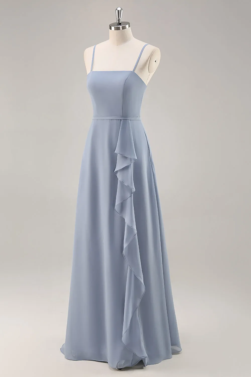 Dusty Blue A-Line Spaghetti Straps Chiffon Long Bridesmaid Dress with Ruffle Slit sold by Wedtrend product image thumbnail 3
