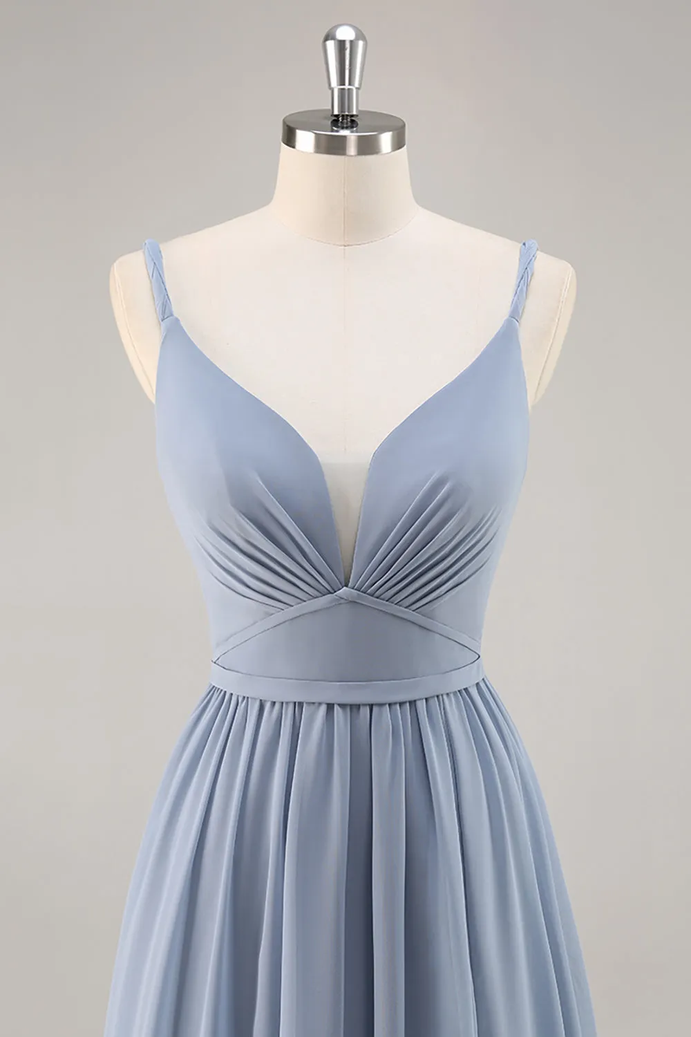 Dusty Blue A-Line Spaghetti Straps Ruched Long Bridesmaid Dress with Slit sold by Wedtrend product image thumbnail 4