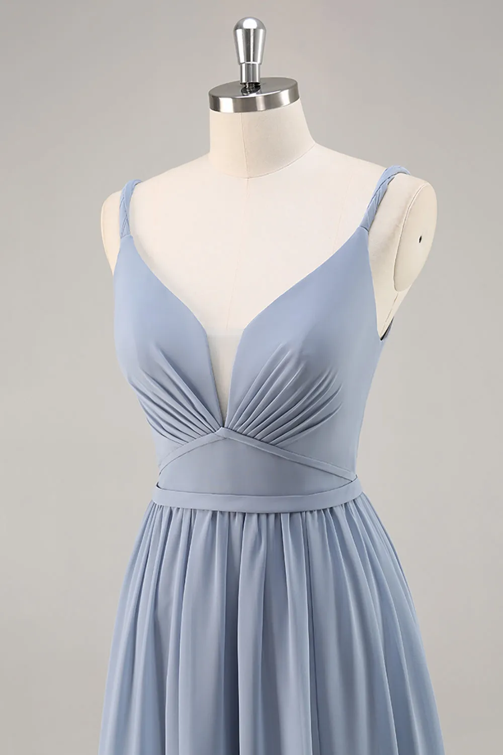 Dusty Blue A-Line Spaghetti Straps Ruched Long Bridesmaid Dress with Slit sold by Wedtrend product image thumbnail 5