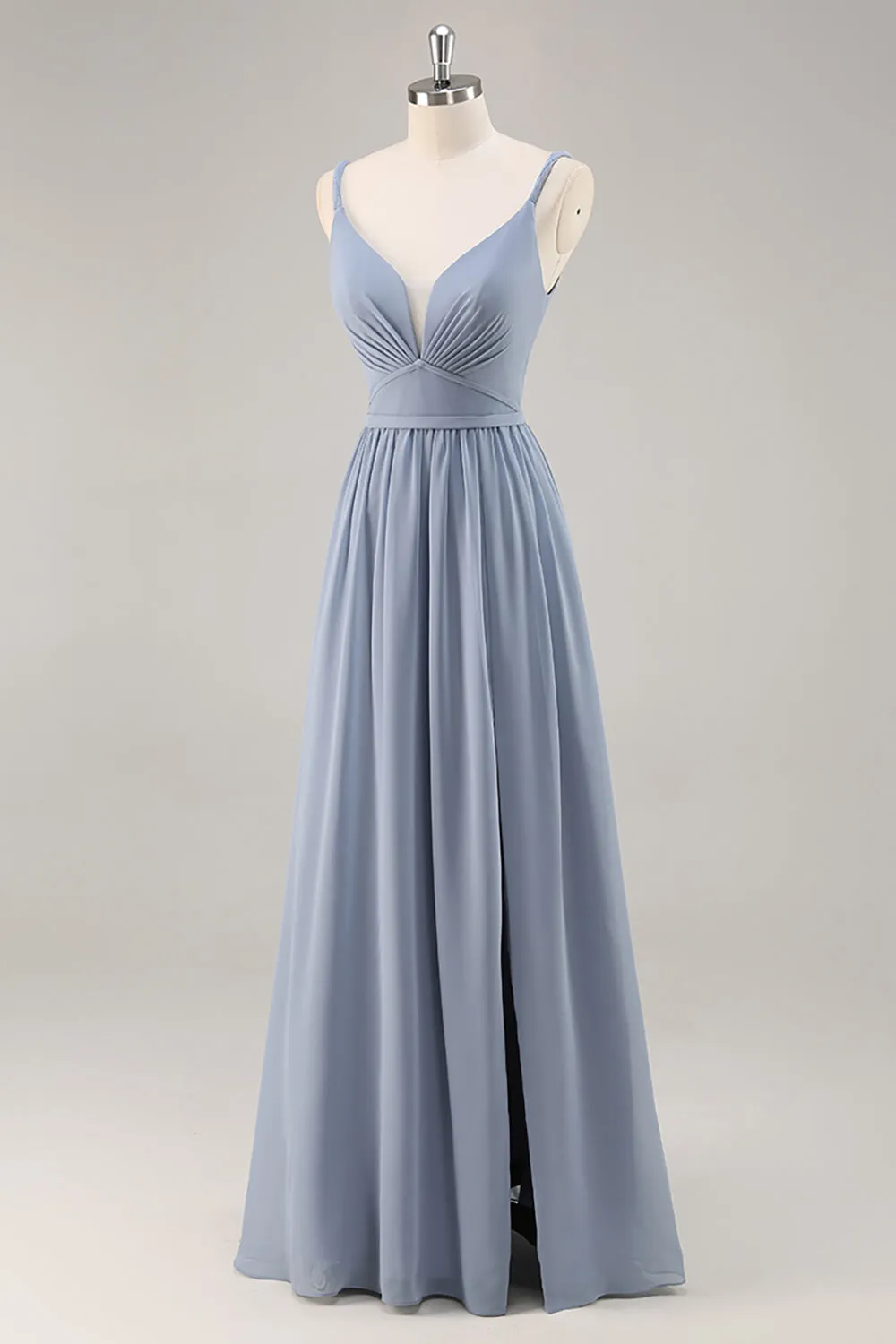 Dusty Blue A-Line Spaghetti Straps Ruched Long Bridesmaid Dress with Slit sold by Wedtrend product image thumbnail 3