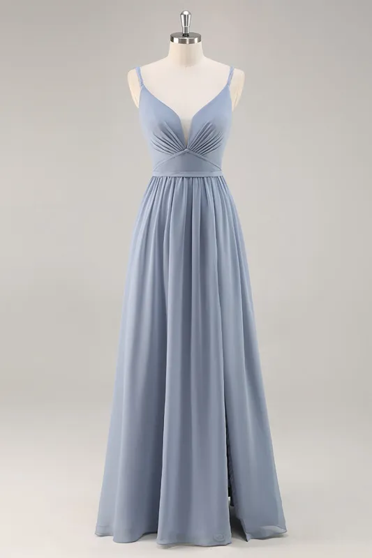 Dusty Blue A-Line Spaghetti Straps Ruched Long Bridesmaid Dress with Slit made by Wedtrend
