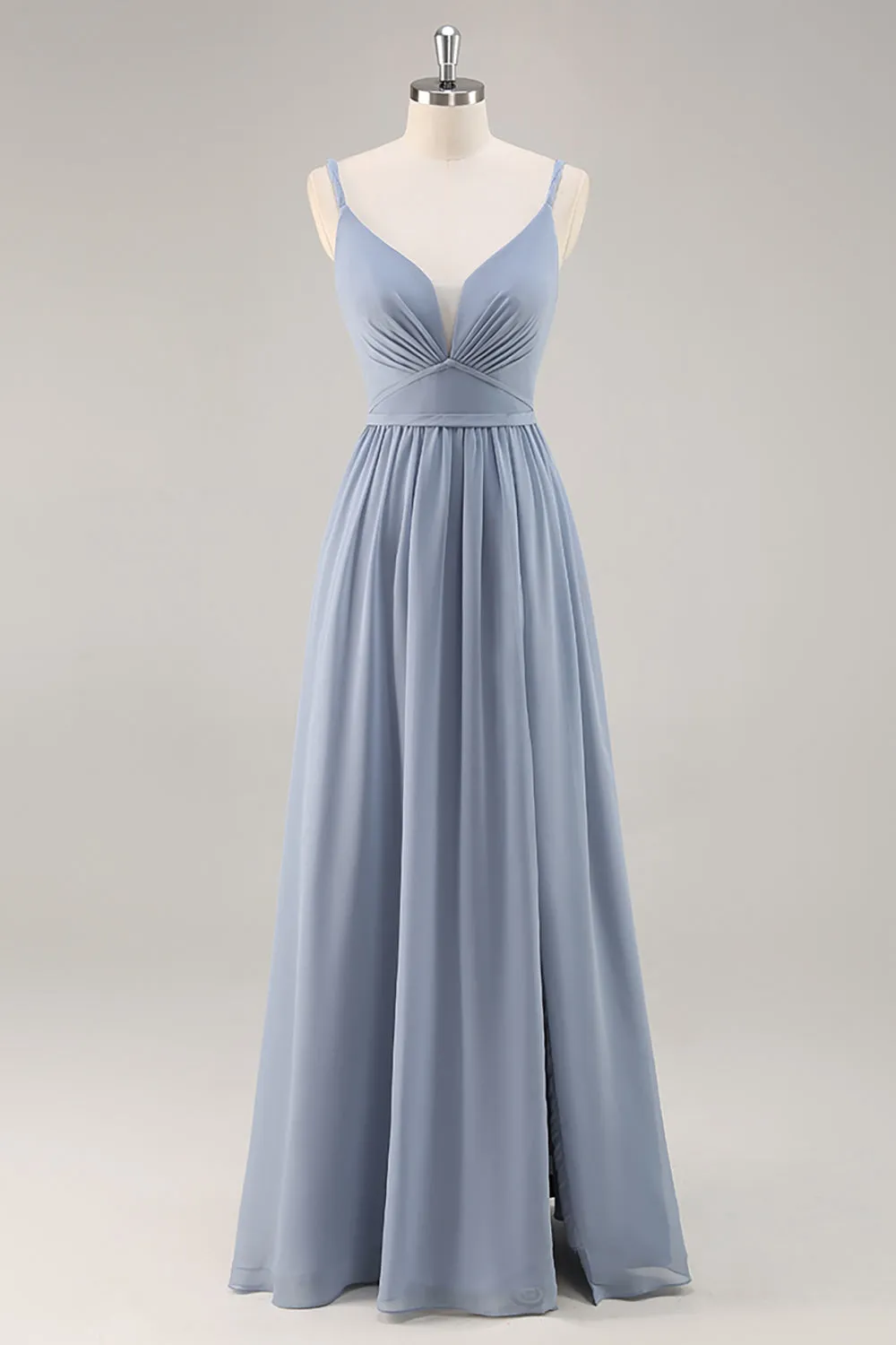 Dusty Blue A-Line Spaghetti Straps Ruched Long Bridesmaid Dress with Slit sold by Wedtrend