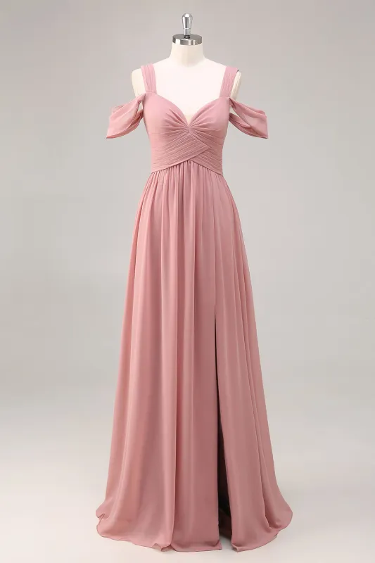 Dusty Rose A Line Cold Shoulder Chiffon Long Bridesmaid Dress with Slit sold by Wedtrend