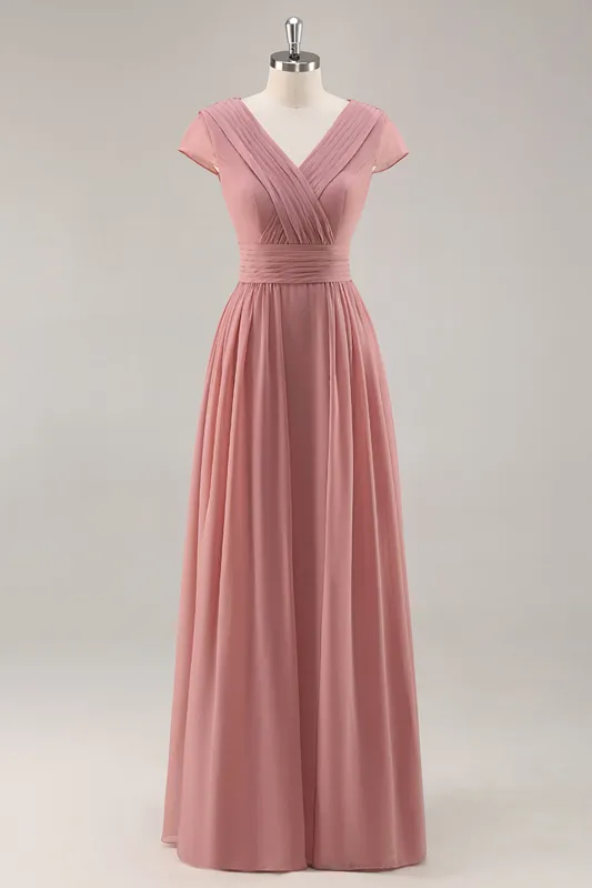 Dusty Rose A Line V Neck Chiffon Long Bridesmaid Dress sold by Wedtrend